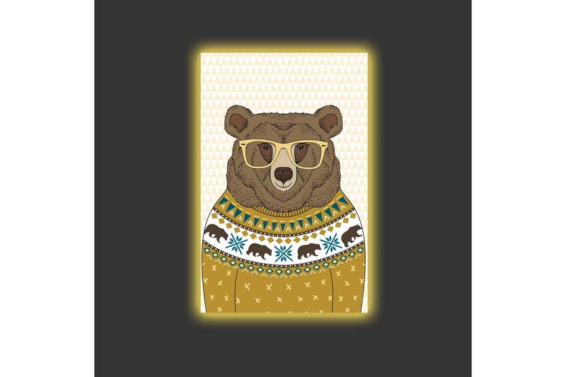 Lerretsbilde med LED-belysning - Stilig bjørn med briller i mønstret genser - Brun / Gul / Blå - Innredning - Bilder & kunst - Lerretsbilder