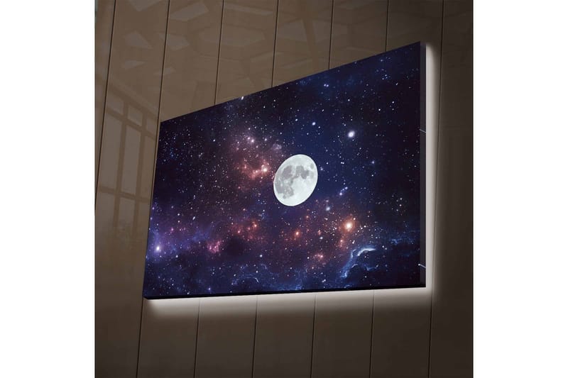 Lerretsbilde med LED-belysning - Stjerneklar nattehimmel med en stor måne - Mørk blå / Lilla / Hvit - Innredning - Bilder & kunst - Lerretsbilder