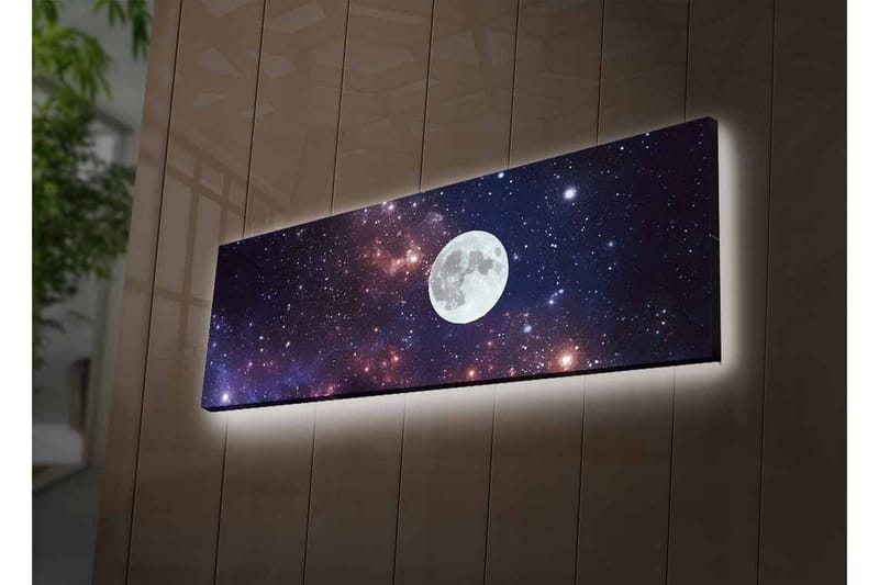 Lerretsbilde med LED-belysning - Stjerneklar nattehimmel med en stor måne - Mørk blå / Lilla / Hvit - Innredning - Bilder & kunst - Lerretsbilder