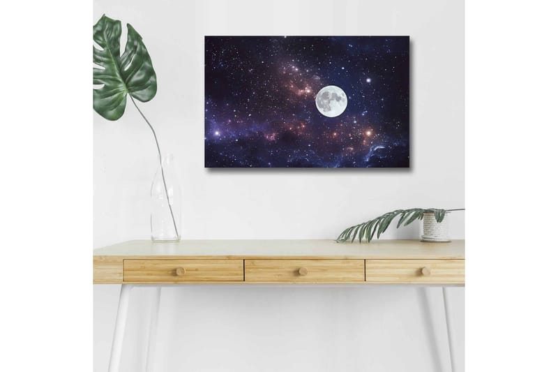 Lerretsbilde med LED-belysning - Stjerneklar nattehimmel med en stor måne, Mørk blå / Lilla / Hvit