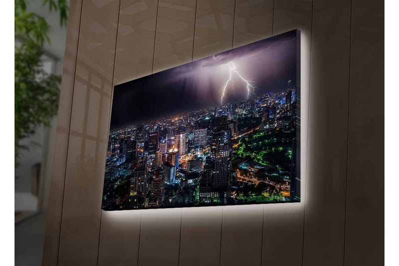 Lerretsbilde med LED-belysning - Stormfull byutsikt med lyn som lyser opp natten - Mørk blå / Grønn / Hvit - Innredning - Bilder & kunst - Lerretsbilder