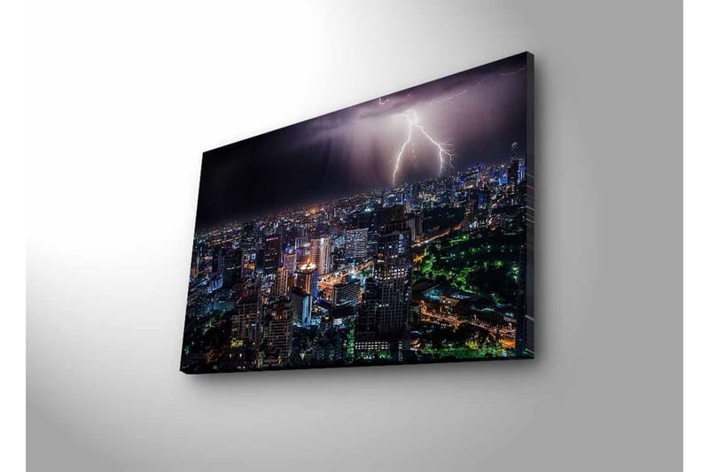 Lerretsbilde med LED-belysning - Stormfull byutsikt med lyn som lyser opp natten - Mørk blå / Grønn / Hvit - Innredning - Bilder & kunst - Lerretsbilder