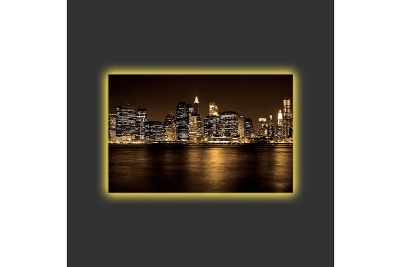 Lerretsbilde med LED-belysning - Storslått bybilde av en skyline med opplyste skyskrapere - Gull / Svart / Grå - Innredning - Bilder & kunst - Lerretsbilder