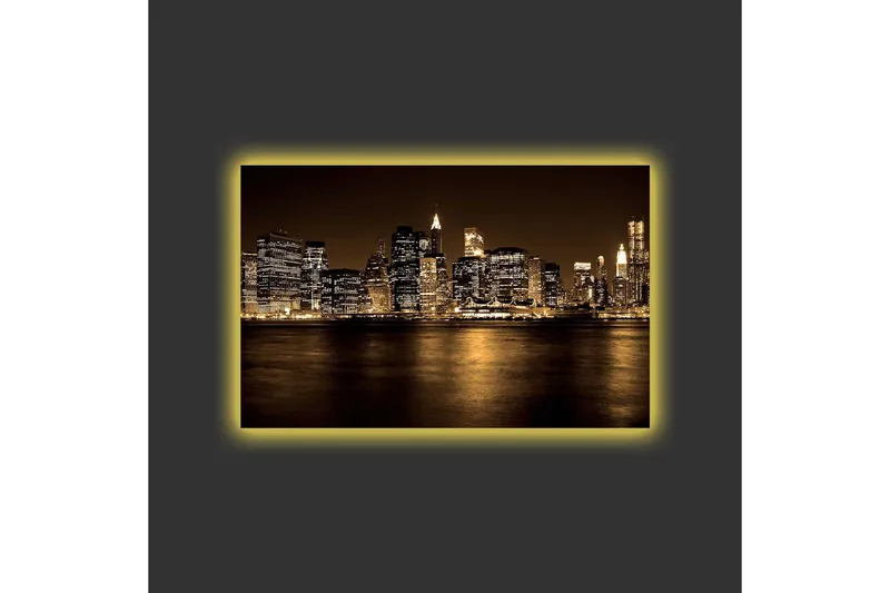 Lerretsbilde med LED-belysning - Storslått bybilde av en skyline med opplyste skyskrapere - Gull / Svart / Grå - Innredning - Bilder & kunst - Lerretsbilder