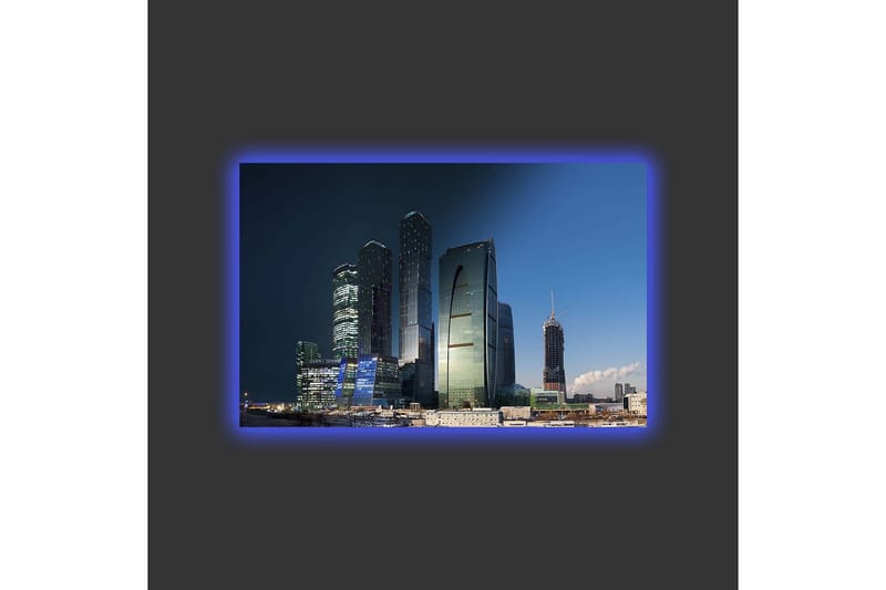 Lerretsbilde med LED-belysning - Storslått bybilde med moderne skyskrapere i kveldslyset - Mørk blå / Grønn / Svart - Innredning - Bilder & kunst - Lerretsbilder