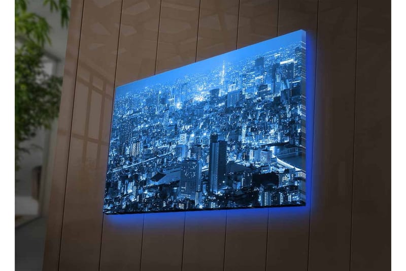 Lerretsbilde med LED-belysning - Storslått byutsikt i nattlys - Mørk blå / Lys blå - Innredning - Bilder & kunst - Lerretsbilder