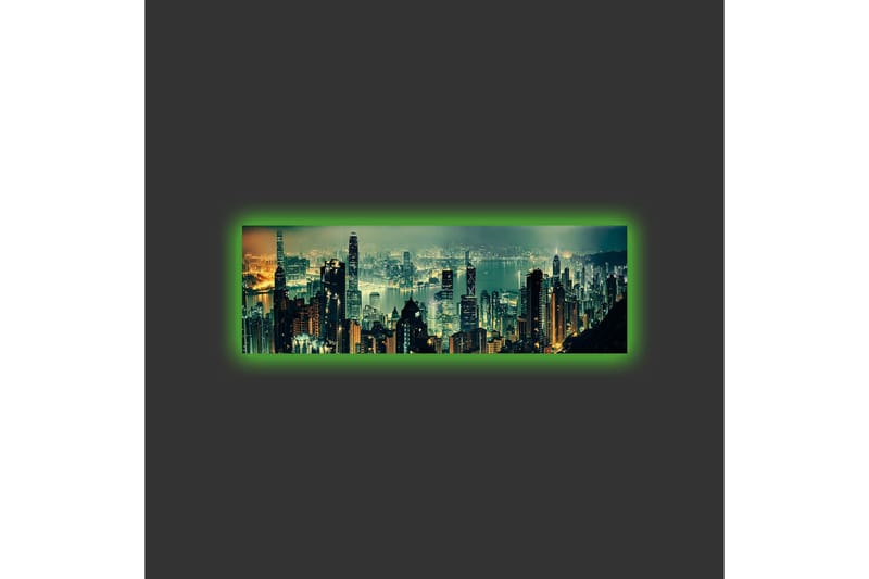 Lerretsbilde med LED-belysning - Storslått byutsikt med skyskrapere i nattlys - Mørkegrønn / Gull / Blå - Innredning - Bilder & kunst - Lerretsbilder
