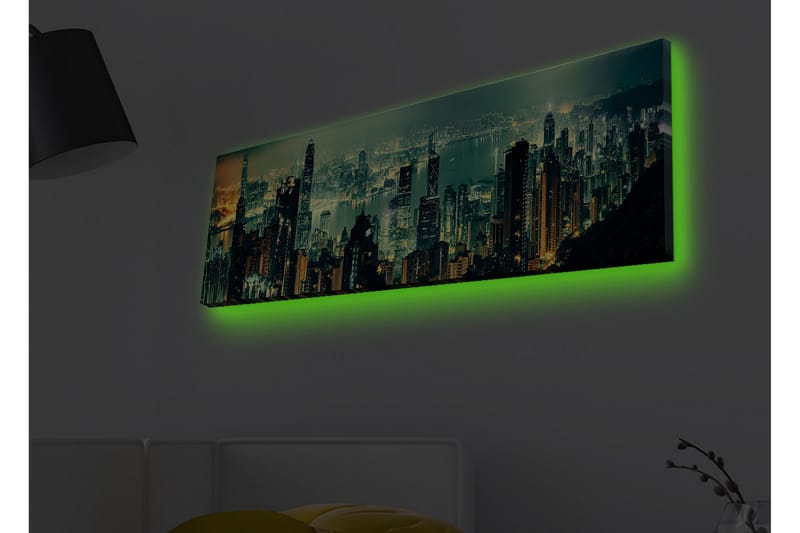 Lerretsbilde med LED-belysning - Storslått byutsikt med skyskrapere i nattlys - Mørkegrønn / Gull / Blå - Innredning - Bilder & kunst - Lerretsbilder