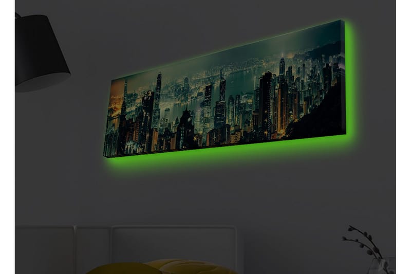 Lerretsbilde med LED-belysning - Storslått byutsikt med skyskrapere i nattlys - Mørkegrønn / Gull / Blå - Innredning - Bilder & kunst - Lerretsbilder