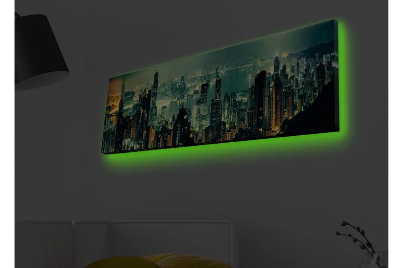 Lerretsbilde med LED-belysning - Storslått byutsikt med skyskrapere i nattlys - Mørkegrønn / Gull / Blå - Innredning - Bilder & kunst - Lerretsbilder