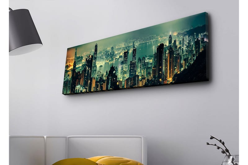 Lerretsbilde med LED-belysning - Storslått byutsikt med skyskrapere i nattlys, Mørkegrønn / Gull / Blå