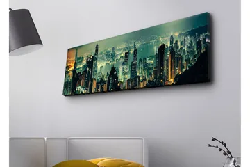 Lerretsbilde med LED-belysning - Storslått byutsikt med skyskrapere i nattlys - Mørkegrønn / Gull / Blå - Innredning - Bilder & kunst - Lerretsbilder