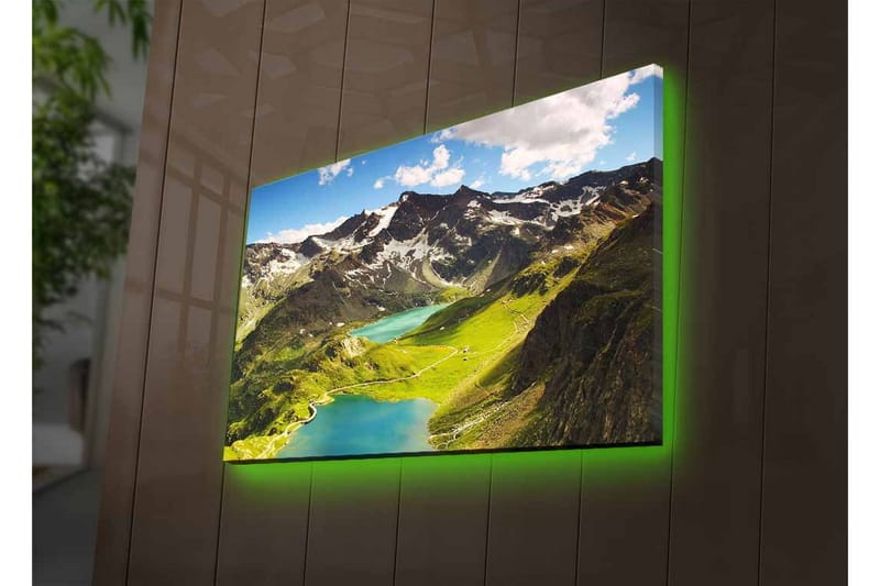 Lerretsbilde med LED-belysning - Storslått fjellandskap med en glitrende innsjø og frodige daler - Grønn / Blå / Hvit - Innredning - Bilder & kunst - Lerretsbilder