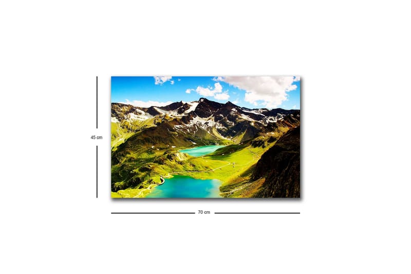 Lerretsbilde med LED-belysning - Storslått fjellandskap med glitrende innsjøer og grønne enger - Grønn / Blå / Hvit - Innredning - Bilder & kunst - Lerretsbilder