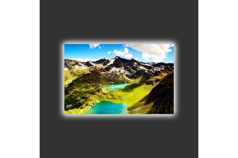Lerretsbilde med LED-belysning - Storslått fjellandskap med glitrende innsjøer og grønne enger - Grønn / Blå / Hvit - Innredning - Bilder & kunst - Lerretsbilder