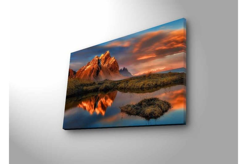 Lerretsbilde med LED-belysning - Storslått fjellandskap med refleksjoner i en rolig innsjø - Oransje / Blå / Grønn - Innredning - Bilder & kunst - Lerretsbilder