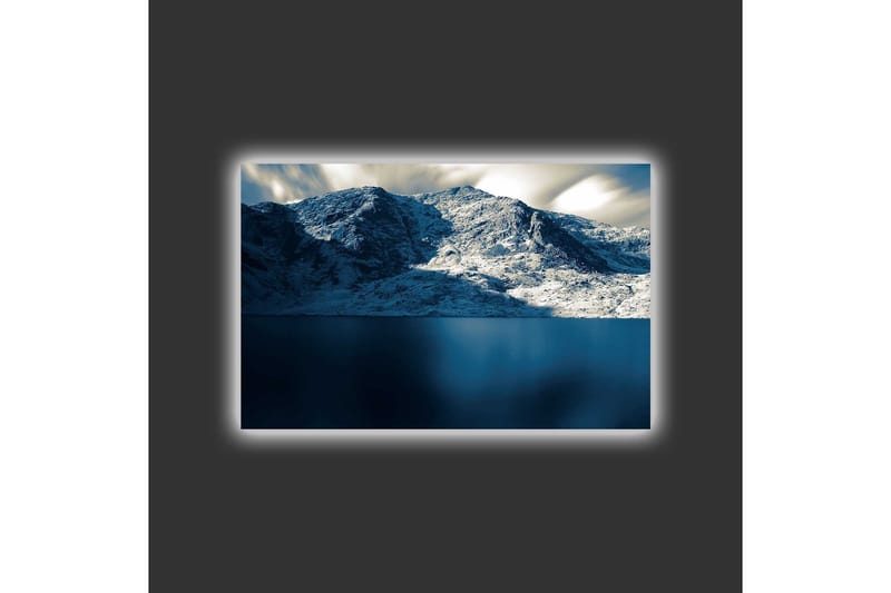 Lerretsbilde med LED-belysning - Storslått fjellandskap med snødekte fjelltopper og speilblanke vannflater - Mørk blå / Hvit / Grå - Innredning - Bilder & kunst - Lerretsbilder