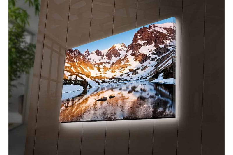 Lerretsbilde med LED-belysning - Storslått fjellandskap med speilblanke innsjøer og snødekte topper - Blå / Hvit / Gyllen - Innredning - Bilder & kunst - Lerretsbilder