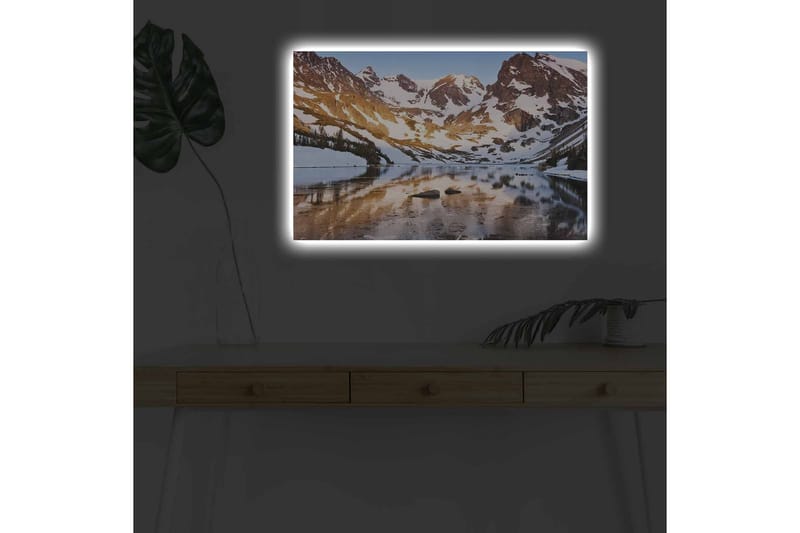 Lerretsbilde med LED-belysning - Storslått fjellandskap med speilblanke innsjøer og snødekte topper - Blå / Hvit / Gyllen - Innredning - Bilder & kunst - Lerretsbilder