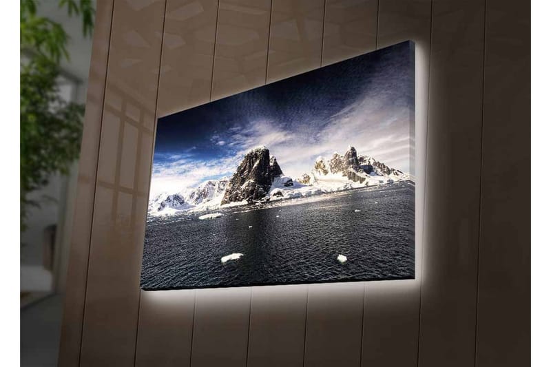 Lerretsbilde med LED-belysning - Storslått fjellkjede med snødekte topper ved en speilblank innsjø - Mørk blå / Hvit / Grå - Innredning - Bilder & kunst - Lerretsbilder