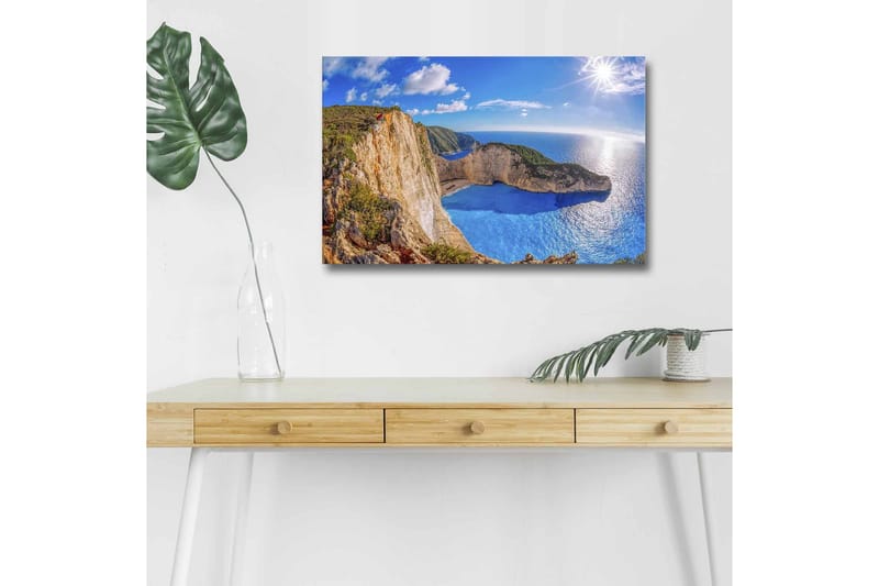 Lerretsbilde med LED-belysning - Storslått kystlandskap med klipper og turkis hav, Turkis / Beige / Grønn