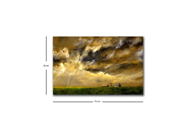 Lerretsbilde med LED-belysning - Storslått landskapsutsikt med dramatiske skyer og en gård i horisonten - Gull / Mørk blå / Grønn - Innredning - Bilder & kunst - Lerretsbilder