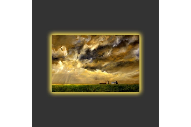 Lerretsbilde med LED-belysning - Storslått landskapsutsikt med dramatiske skyer og en gård i horisonten - Gull / Mørk blå / Grønn - Innredning - Bilder & kunst - Lerretsbilder