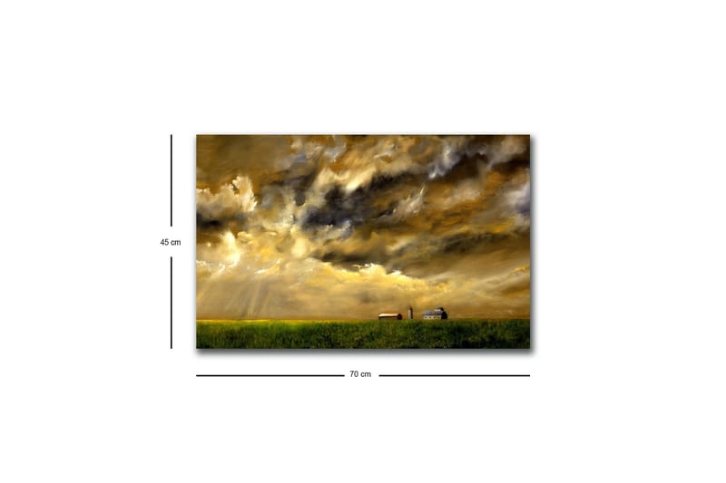 Lerretsbilde med LED-belysning - Storslått landskapsutsikt med dramatiske skyer og en gård i horisonten - Gull / Mørk blå / Grønn - Innredning - Bilder & kunst - Lerretsbilder