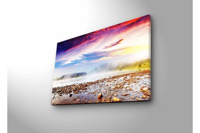 Lerretsbilde med LED-belysning - Storslått landskapsutsikt med tåke over en innsjø og fargerik himmel - Lilla / Oransje / Blå - Innredning - Bilder & kunst - Lerretsbilder