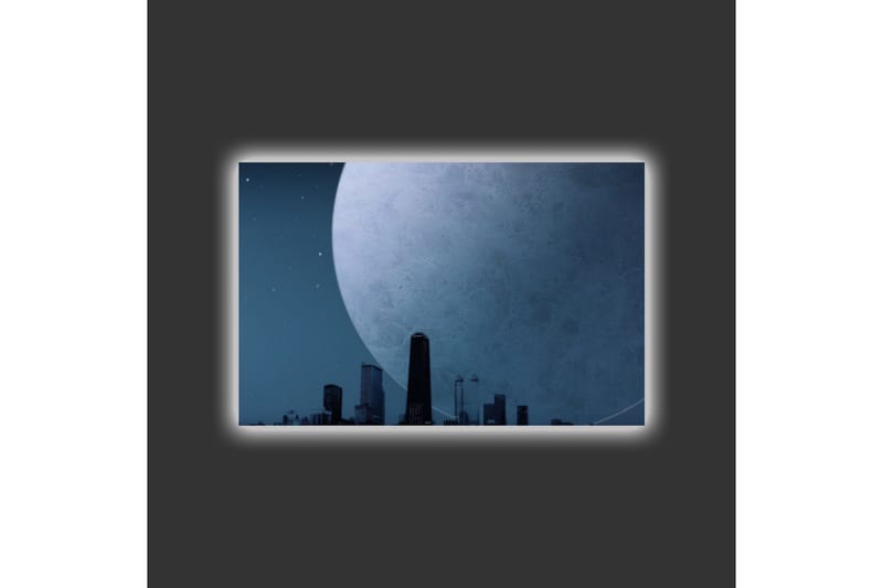 Lerretsbilde med LED-belysning - Storslått måne over en bysilhuett i skumringen - Mørk blå / Grå / Svart - Innredning - Bilder & kunst - Lerretsbilder