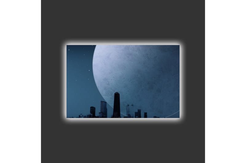 Lerretsbilde med LED-belysning - Storslått måne over en bysilhuett i skumringen - Mørk blå / Grå / Svart - Innredning - Bilder & kunst - Lerretsbilder