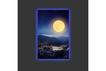 Lerretsbilde med LED-belysning - Storslått måne over et fjernt fjellandskap med blomster i forgrunnen - Mørk blå / Gul / Lilla - Innredning - Bilder & kunst - Lerretsbilder