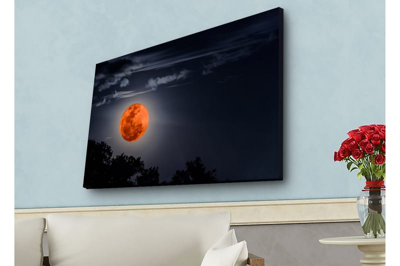 Lerretsbilde med LED-belysning - Storslått måne som lyser opp nattehimmelen - Mørk blå / Oransje / Svart - Innredning - Bilder & kunst - Lerretsbilder