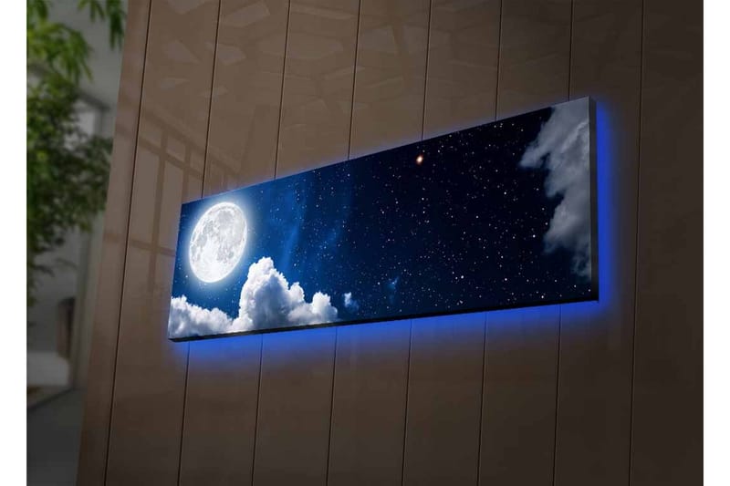 Lerretsbilde med LED-belysning - Storslått måne som skinner over en stjerneklar himmel med skyer - Mørk blå / Hvit / Grå - Innredning - Bilder & kunst - Lerretsbilder