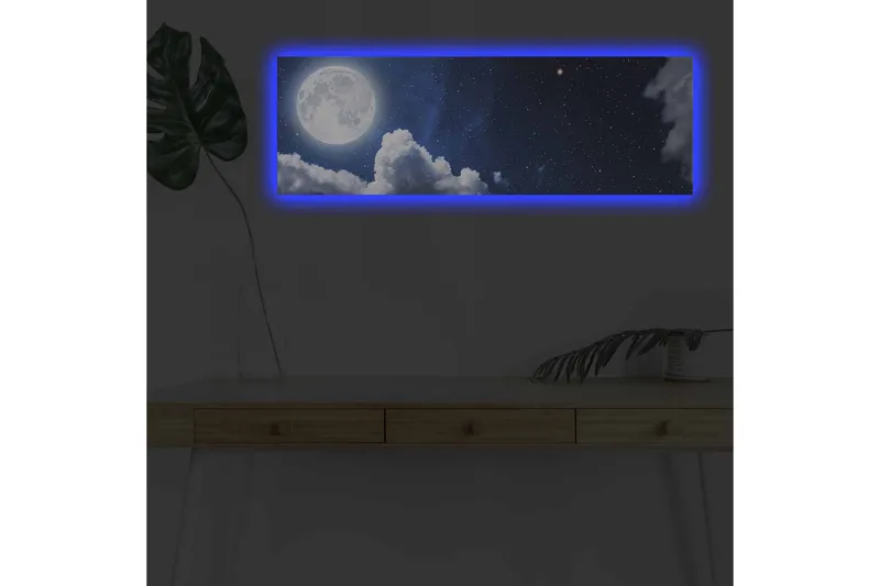 Lerretsbilde med LED-belysning - Storslått måne som skinner over en stjerneklar himmel med skyer, Mørk blå / Hvit / Grå
