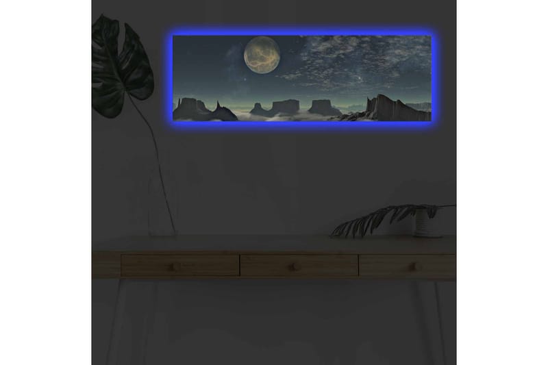 Lerretsbilde med LED-belysning - Storslått nattlandskap med en stor måne og dramatiske fjellformasjoner - Mørk blå / Grå / Svart - Innredning - Bilder & kunst - Lerretsbilder