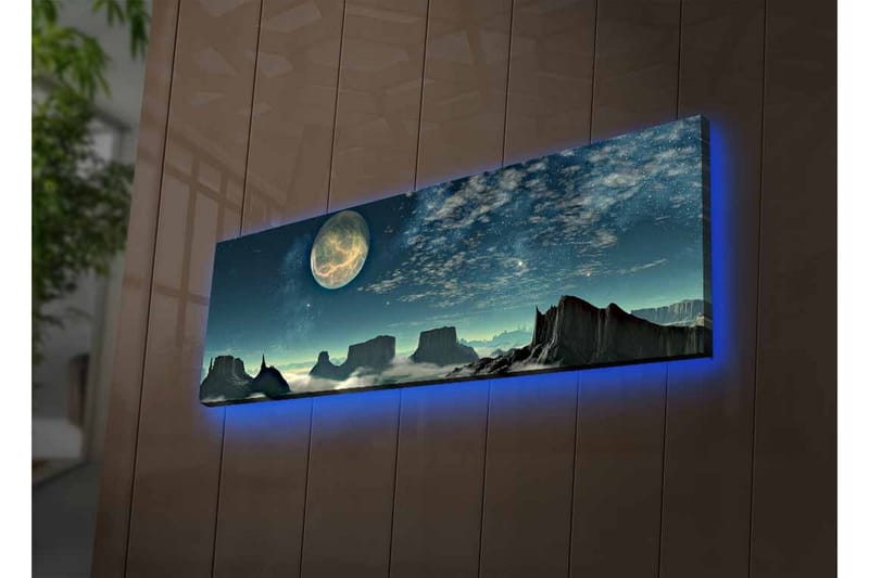 Lerretsbilde med LED-belysning - Storslått nattlandskap med en stor måne og dramatiske fjellformasjoner - Mørk blå / Grå / Svart - Innredning - Bilder & kunst - Lerretsbilder