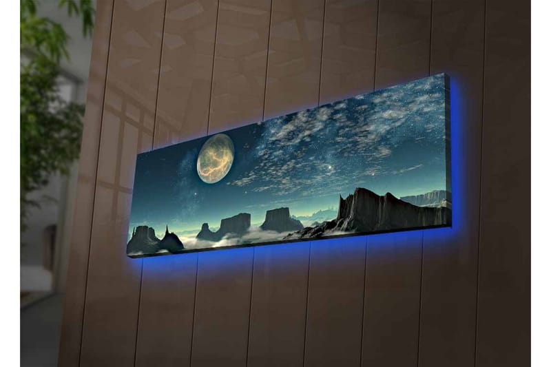 Lerretsbilde med LED-belysning - Storslått nattlandskap med en stor måne og dramatiske fjellformasjoner - Mørk blå / Grå / Svart - Innredning - Bilder & kunst - Lerretsbilder