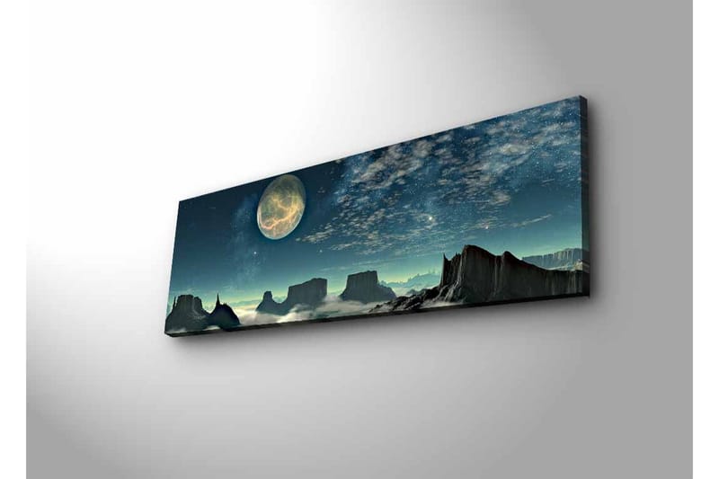Lerretsbilde med LED-belysning - Storslått nattlandskap med en stor måne og dramatiske fjellformasjoner - Mørk blå / Grå / Svart - Innredning - Bilder & kunst - Lerretsbilder