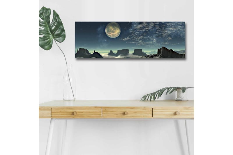 Lerretsbilde med LED-belysning - Storslått nattlandskap med en stor måne og dramatiske fjellformasjoner - Mørk blå / Grå / Svart - Innredning - Bilder & kunst - Lerretsbilder