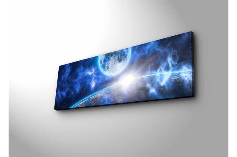 Lerretsbilde med LED-belysning - Storslått romscene med en planet og en måne - Mørk blå / Lys blå / Hvit - Innredning - Bilder & kunst - Lerretsbilder