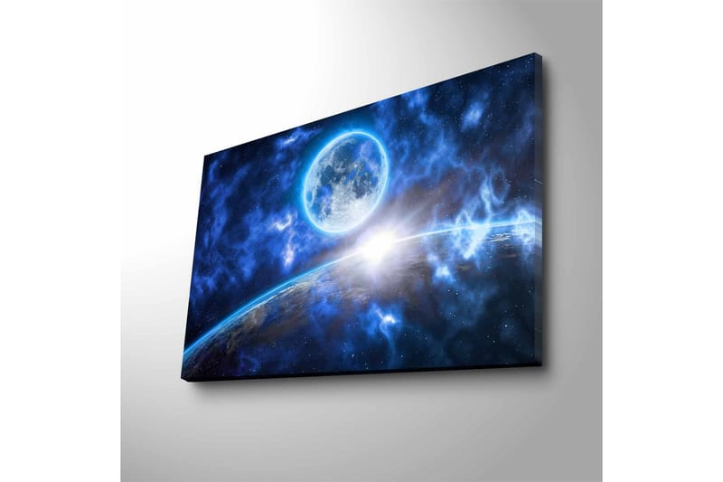 Lerretsbilde med LED-belysning - Storslått romscene med en planet og en måne i fokus - Mørk blå / Lys blå / Hvit - Innredning - Bilder & kunst - Lerretsbilder