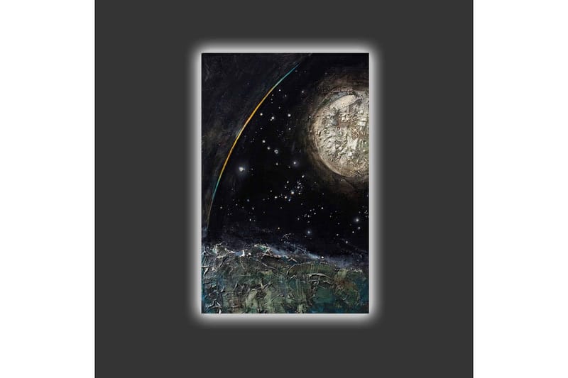 Lerretsbilde med LED-belysning - Storslått romscene med en planet og stjerner - Mørk blå / Grønn / Hvit - Innredning - Bilder & kunst - Lerretsbilder