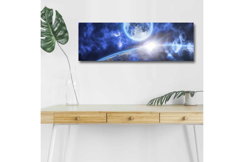 Lerretsbilde med LED-belysning - Storslått romscene med en planet og en måne - Mørk blå / Lys blå / Hvit - Innredning - Bilder & kunst - Lerretsbilder