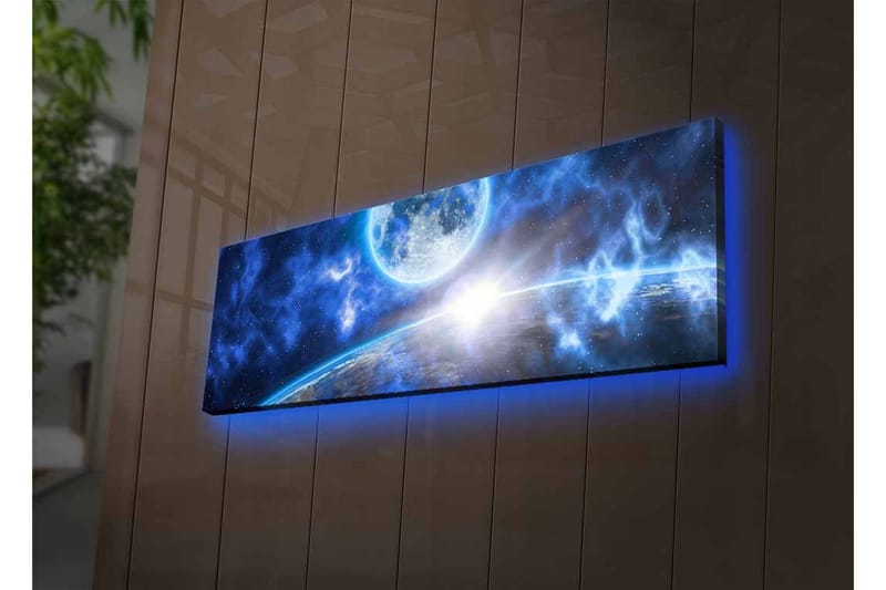 Lerretsbilde med LED-belysning - Storslått romscene med en planet og en måne - Mørk blå / Lys blå / Hvit - Innredning - Bilder & kunst - Lerretsbilder