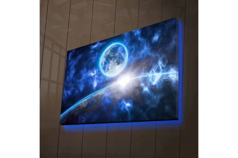Lerretsbilde med LED-belysning - Storslått romscene med en planet og en måne i fokus, Mørk blå / Lys blå / Hvit