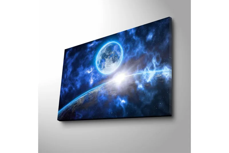 Lerretsbilde med LED-belysning - Storslått romscene med en planet og en måne i fokus - Mørk blå / Lys blå / Hvit - Innredning - Bilder & kunst - Lerretsbilder