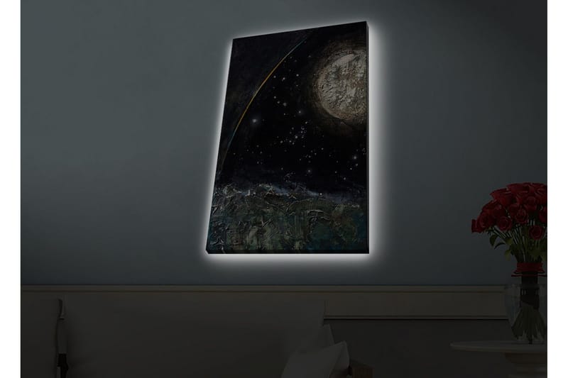 Lerretsbilde med LED-belysning - Storslått romscene med en planet og stjerner - Mørk blå / Grønn / Hvit - Innredning - Bilder & kunst - Lerretsbilder