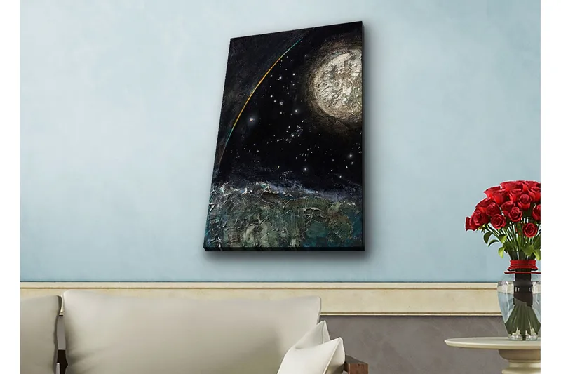 Lerretsbilde med LED-belysning - Storslått romscene med en planet og stjerner, Mørk blå / Grønn / Hvit