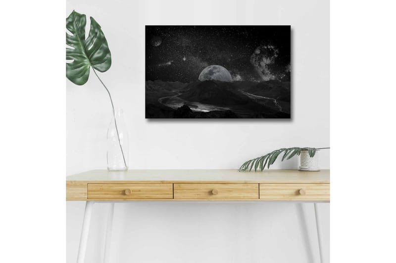 Lerretsbilde med LED-belysning - Storslått romscene med måne og stjernehimmel - Svart / Grå / Hvit - Innredning - Bilder & kunst - Lerretsbilder